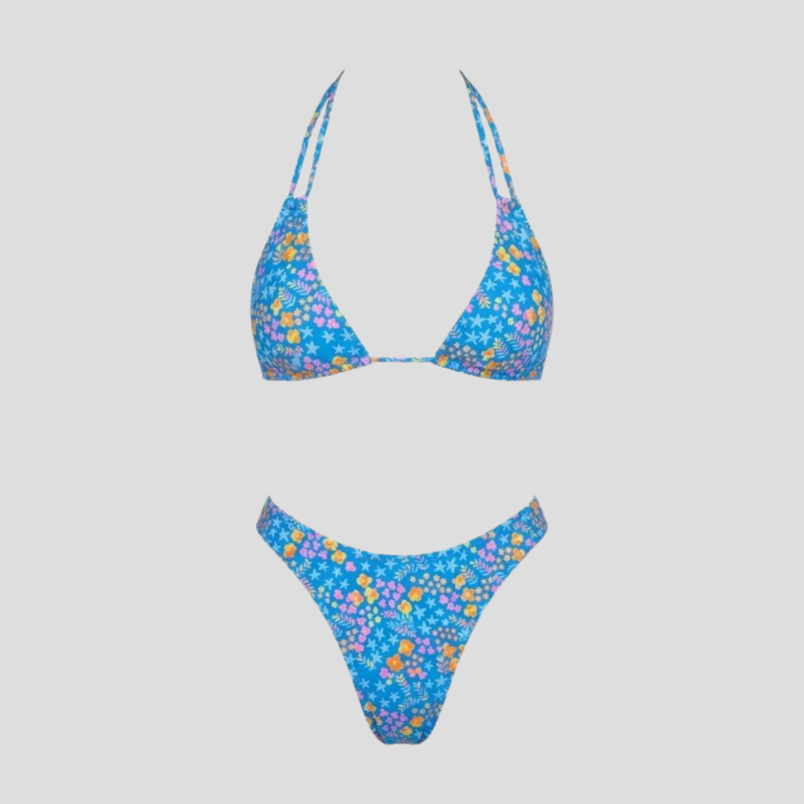 Women's blue floral print halter neckline two-piece bikini set