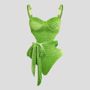 Green one-piece swimsuit with cut-out detail, bustier-style upper and belted waist tie