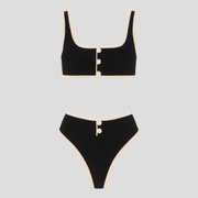 Black textured two-piece women's bikini set with a balanced, contoured silhouette