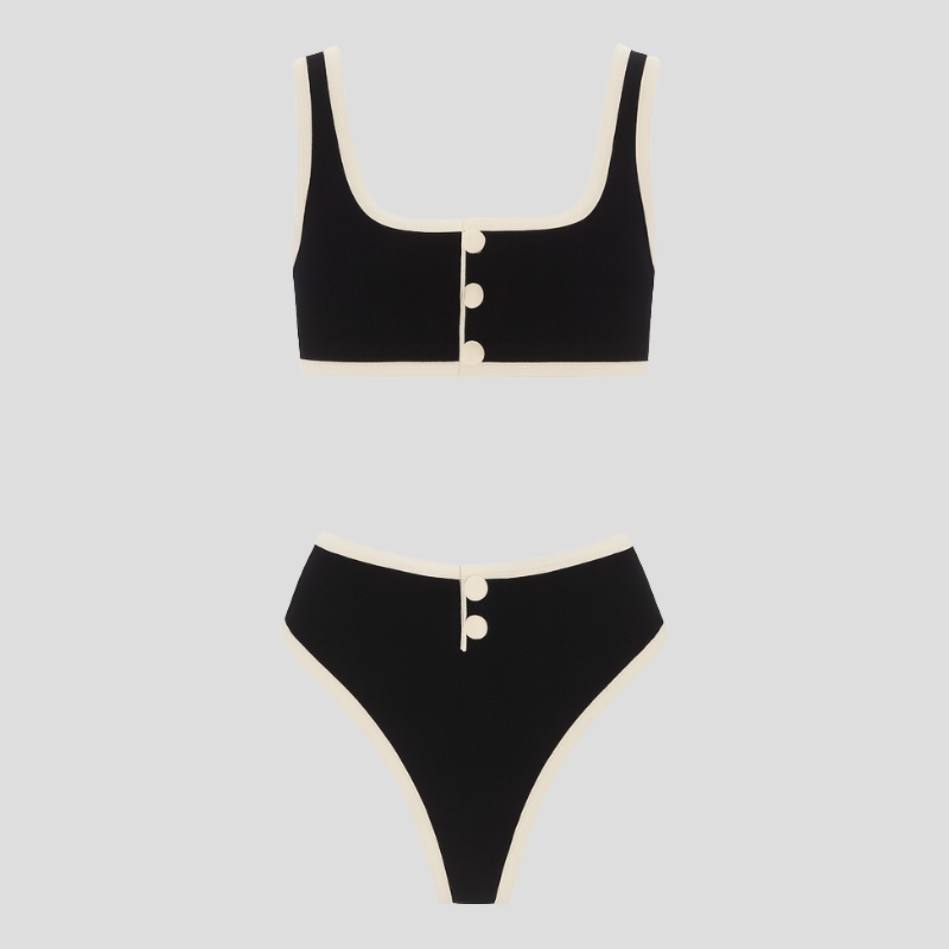 Black textured two-piece women's bikini set with a balanced, contoured silhouette