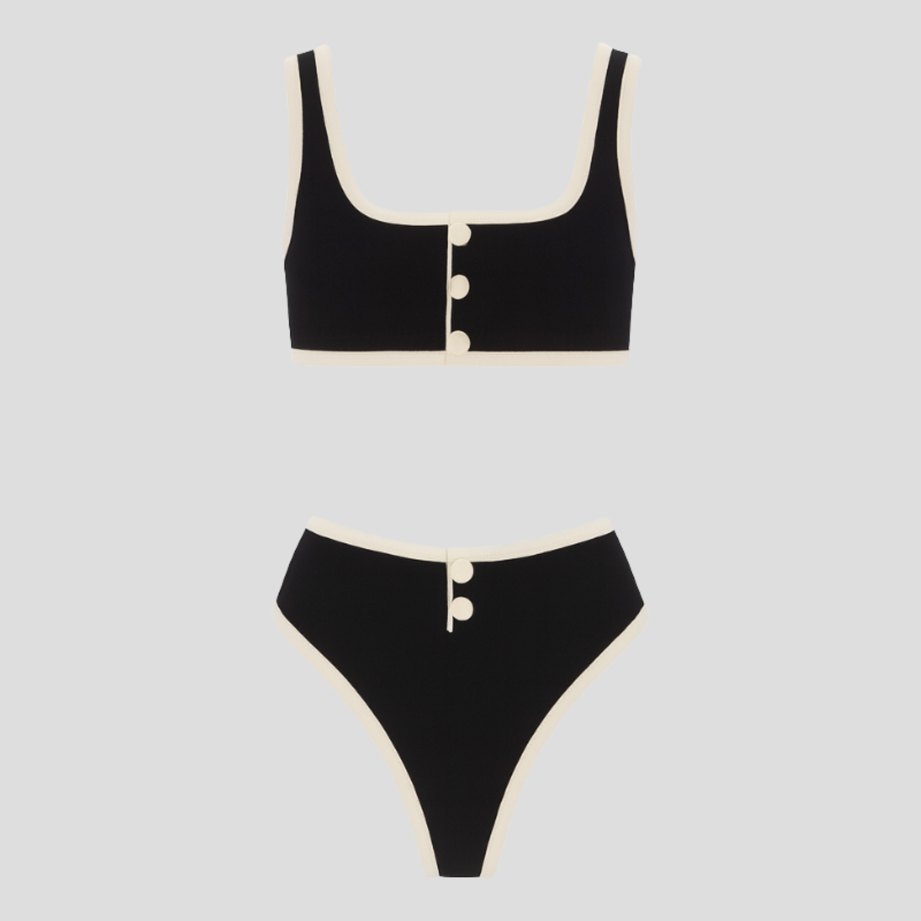 Black textured two-piece women's bikini set with a balanced, contoured silhouette