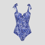 Women's blue paisley print one-piece swimsuit with V-neckline and adjustable shoulder tie straps