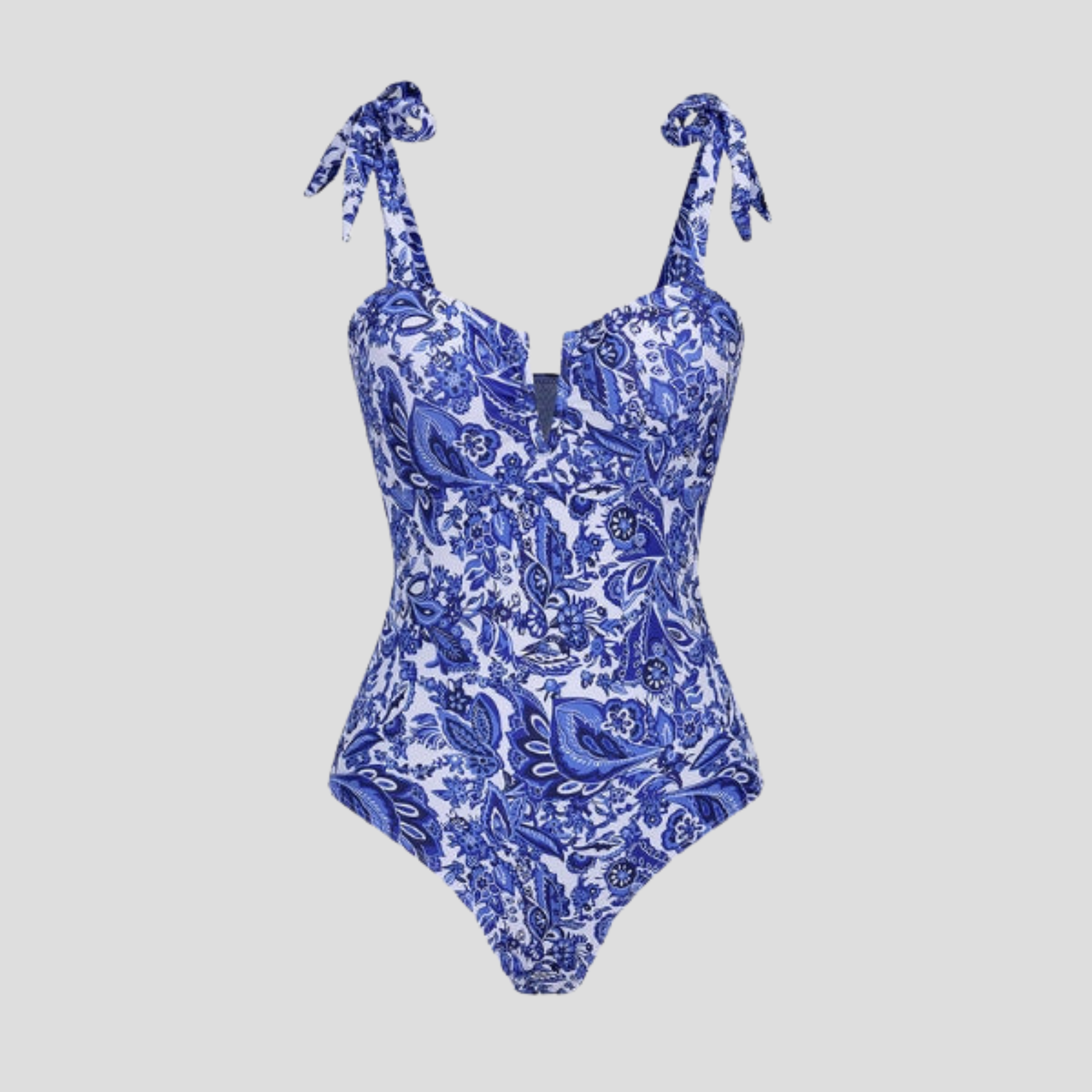 Women's blue paisley print one-piece swimsuit with V-neckline and adjustable shoulder tie straps