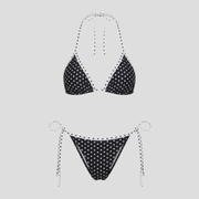 Black polka-dot triangle bikini set with adjustable ties and contrast trim detailing