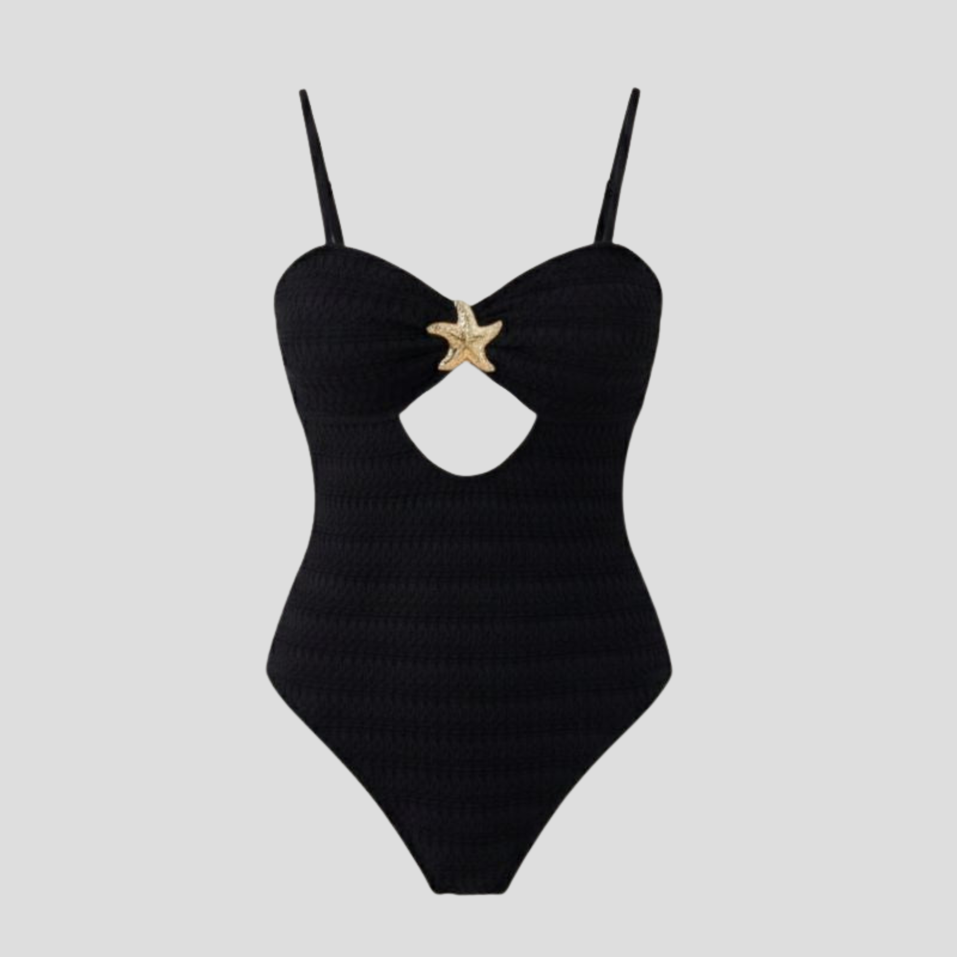 Women's one-piece swimsuit with front cut-out and gold-tone starfish detail