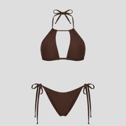 Women's triangle halter bikini set with side-tie bottoms shown in brown, red, and black