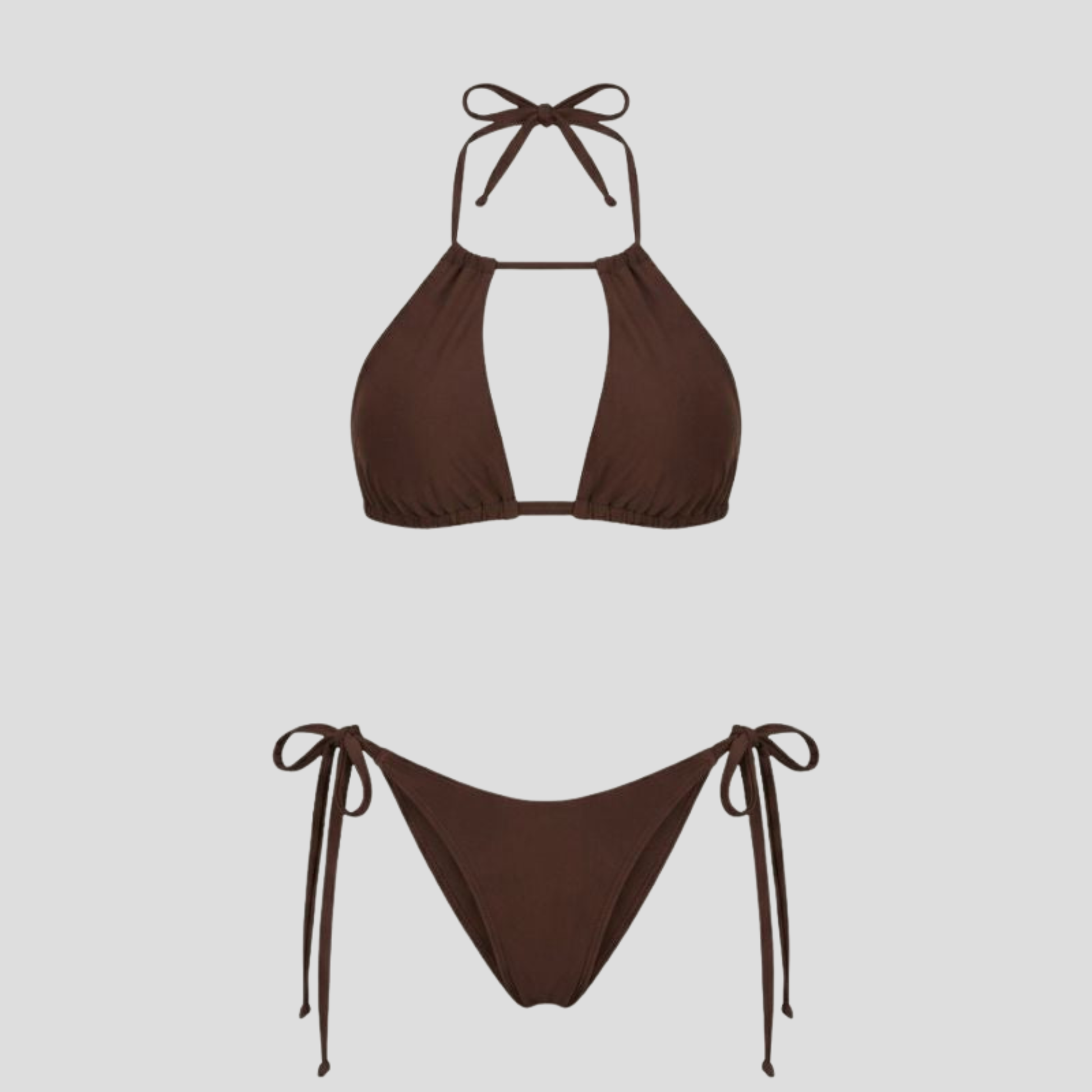 Women's triangle halter bikini set with side-tie bottoms shown in brown, red, and black