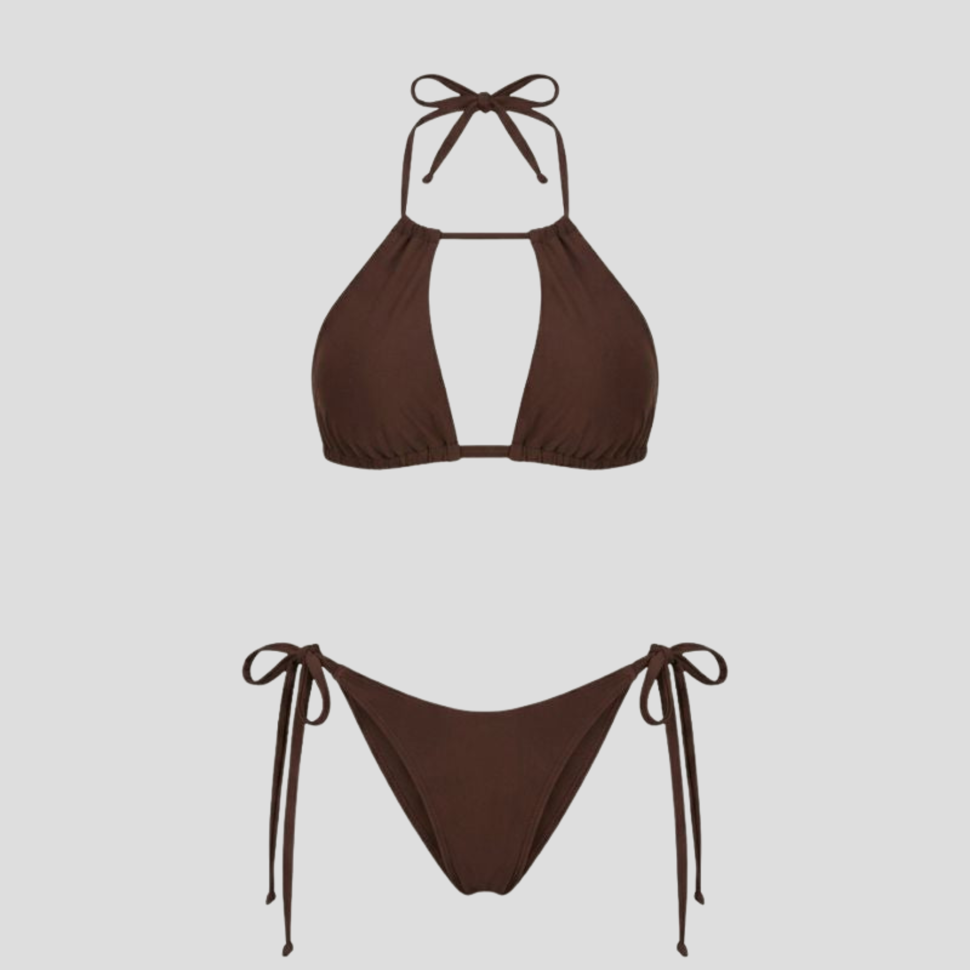 Women's triangle halter bikini set with side-tie bottoms shown in brown, red, and black