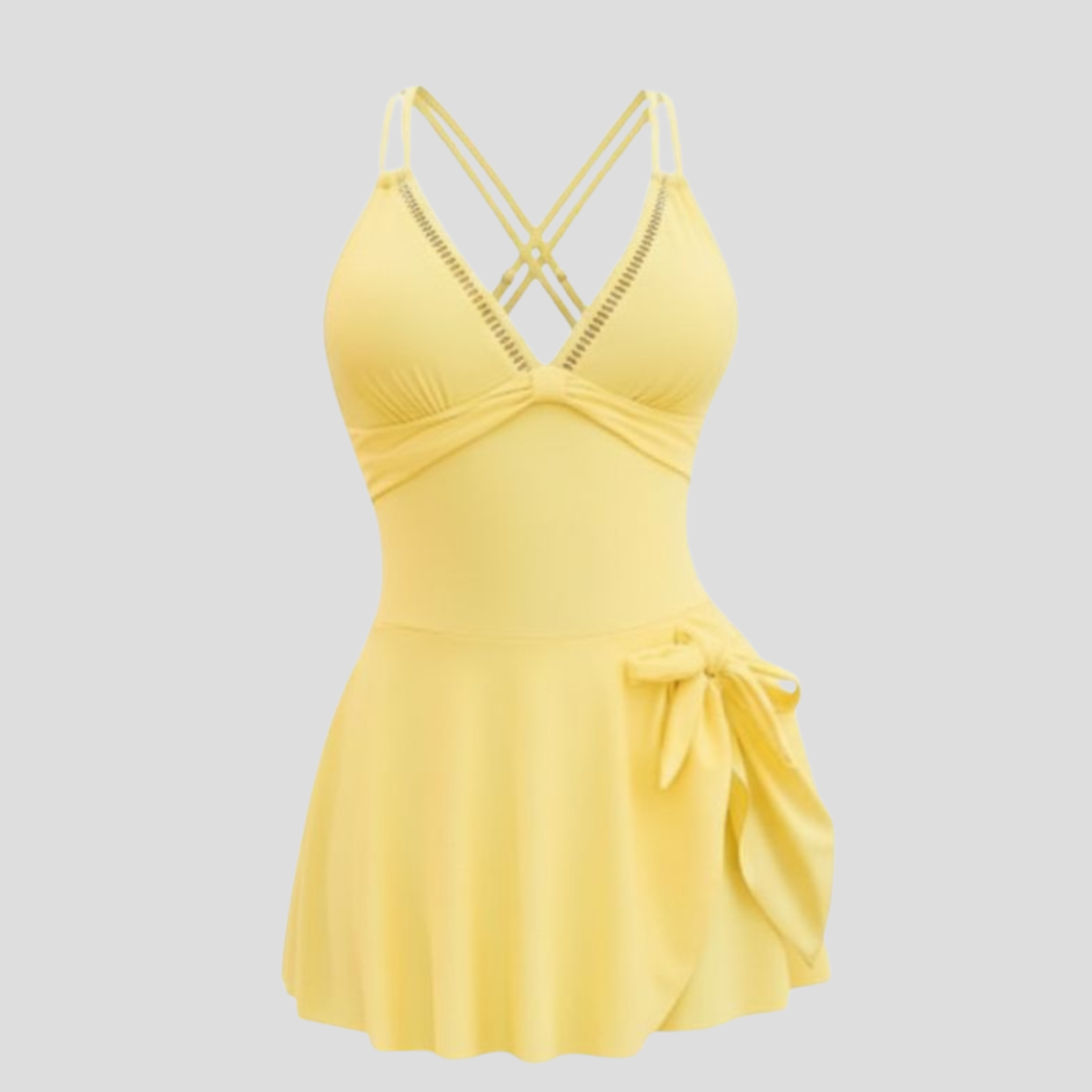 Women's V-neck one-piece swim dress with side-tie skirt and cross-back straps