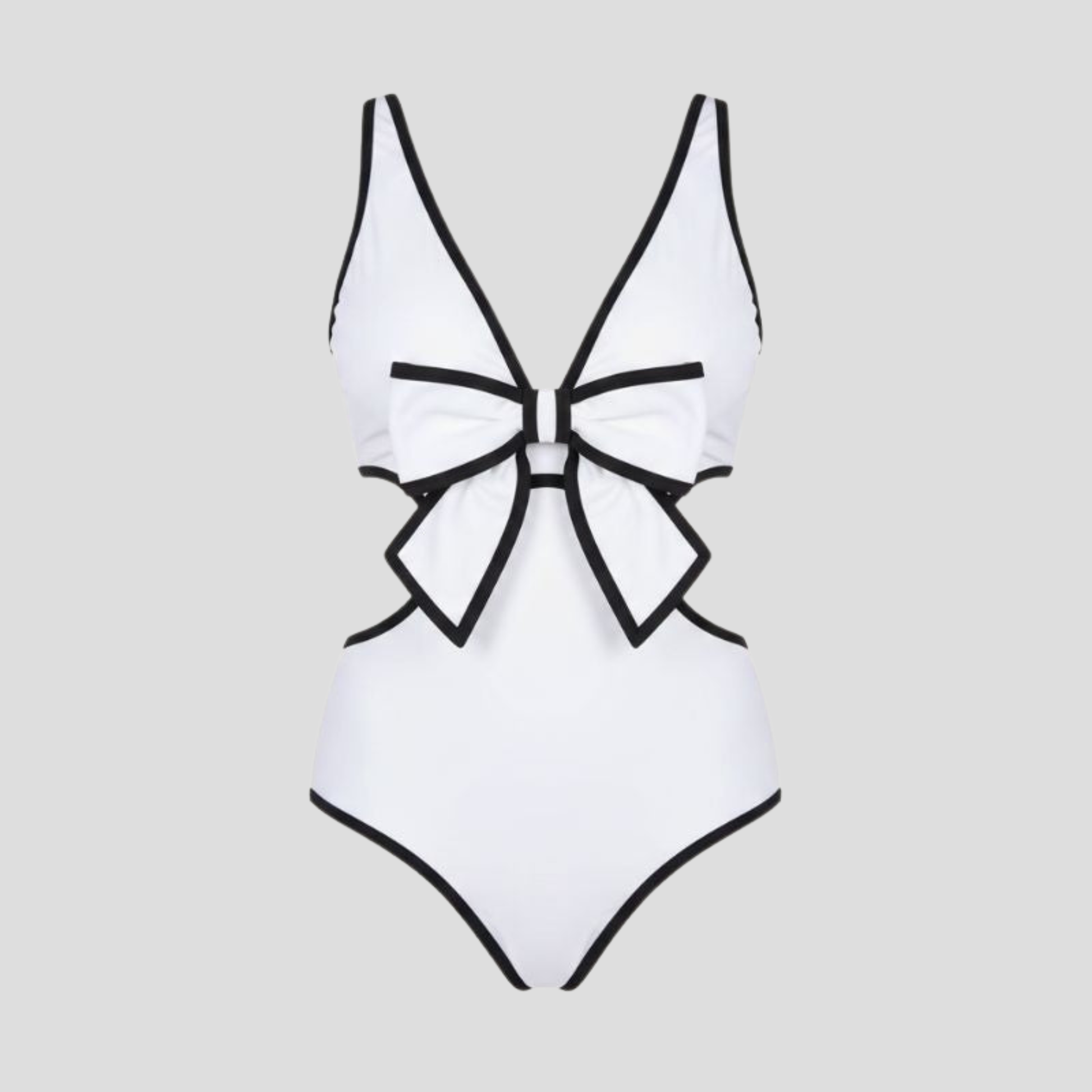 White one-piece swimsuit with front bow detail, side cut-outs and contrast piping