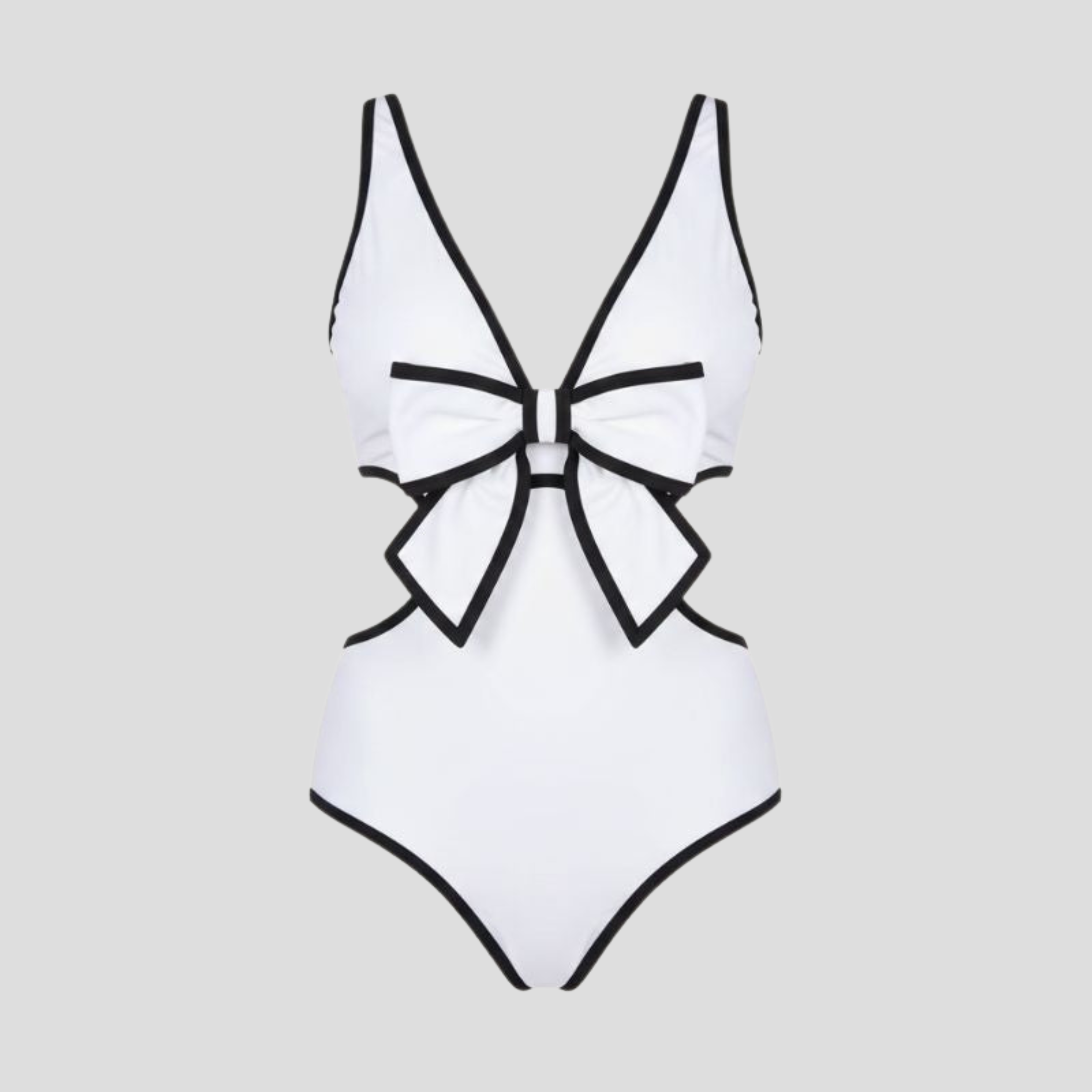 White one-piece swimsuit with front bow detail, side cut-outs and contrast piping