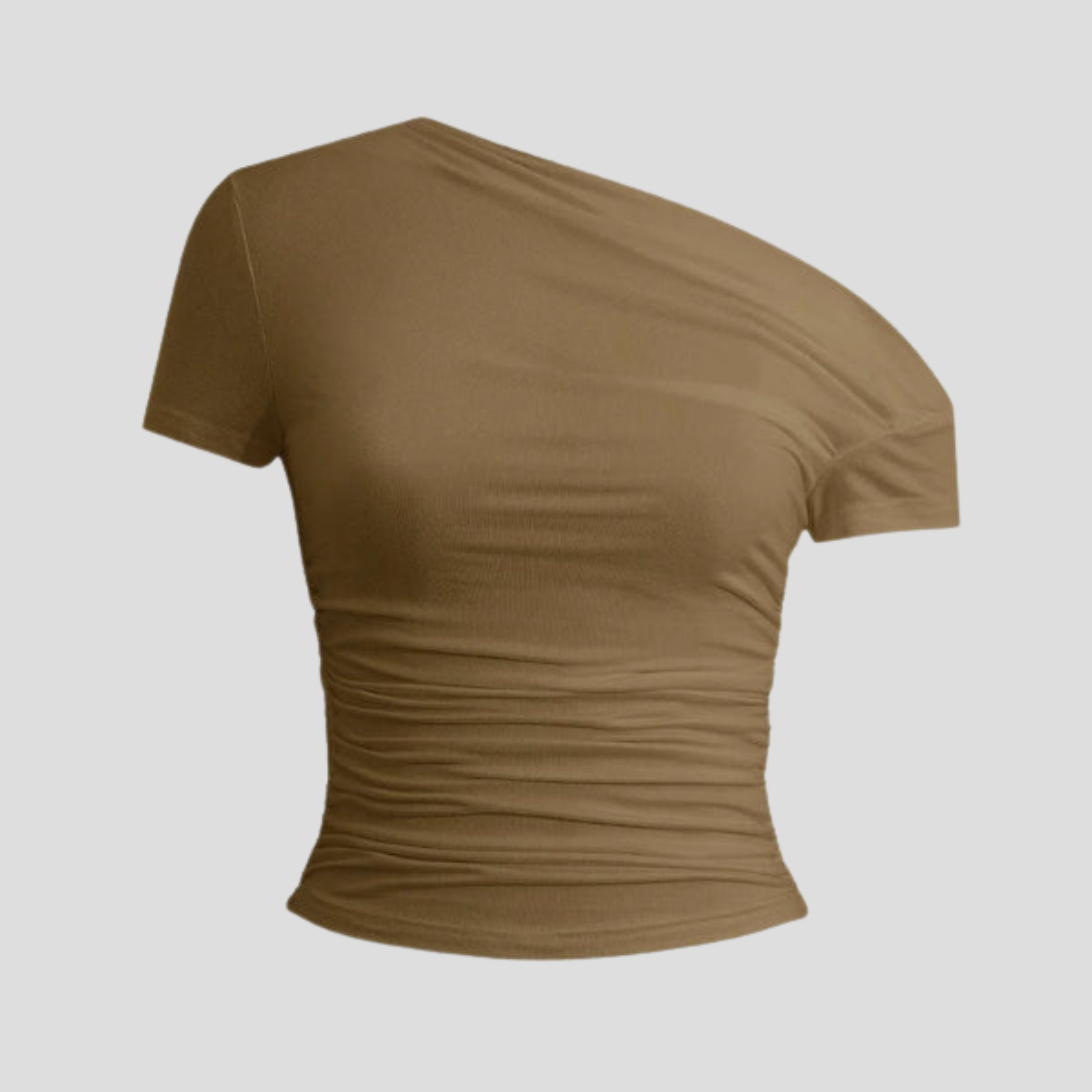 Women's asymmetric one-shoulder ruched top shown in black