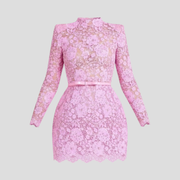 Pink women's mini dress with belted waist and scalloped hem for occasion wear