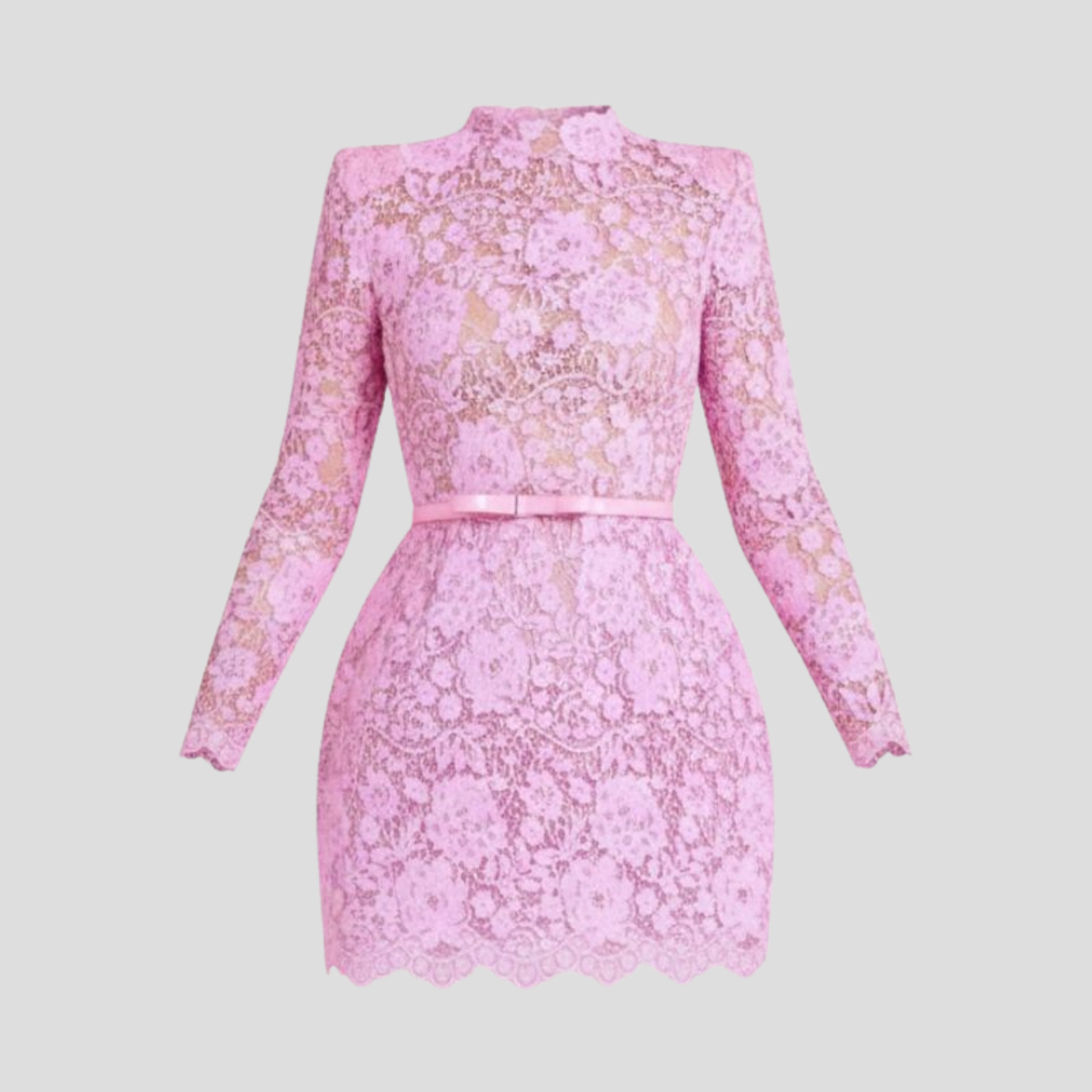 Pink women's mini dress with belted waist and scalloped hem for occasion wear