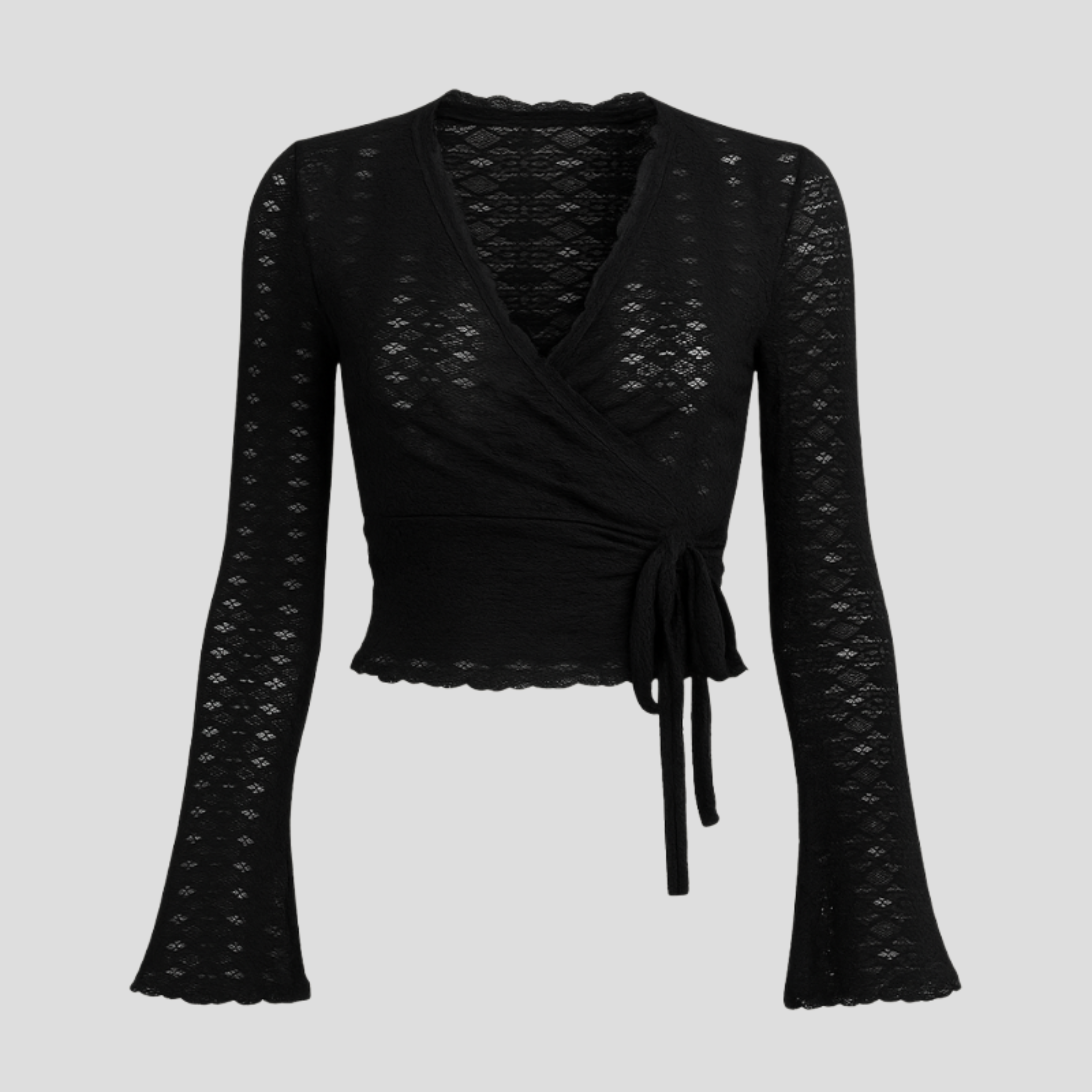 Black women's wrap top with cross-over front and lace pattern detailing