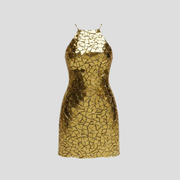 Women's halter neckline mini dress with all-over mosaic pattern in gold and silver tones