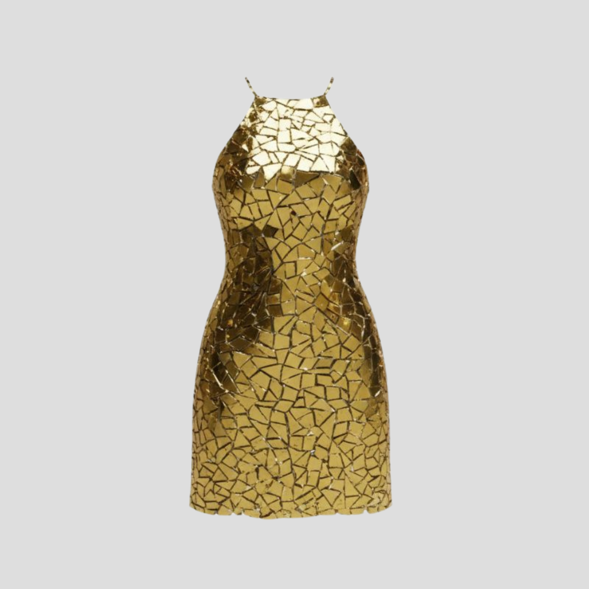 Women's halter neckline mini dress with all-over mosaic pattern in gold and silver tones