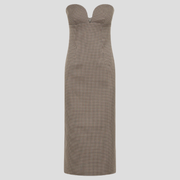 Brown strapless midi dress with sweetheart neckline for occasion wear