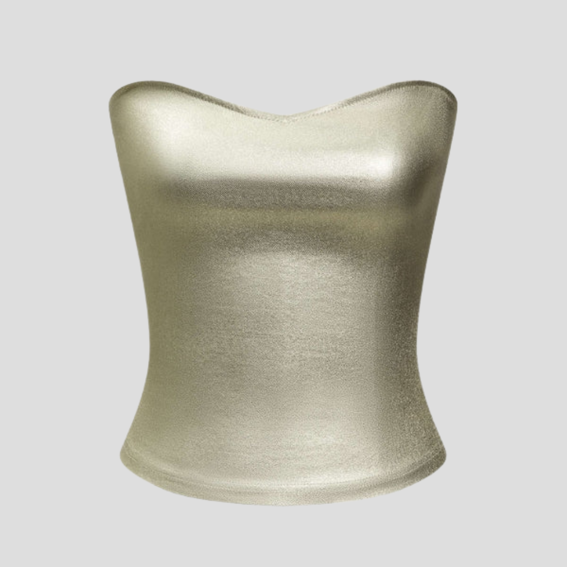 Golden grey strapless metallic bustier top with a contoured, shaped silhouette