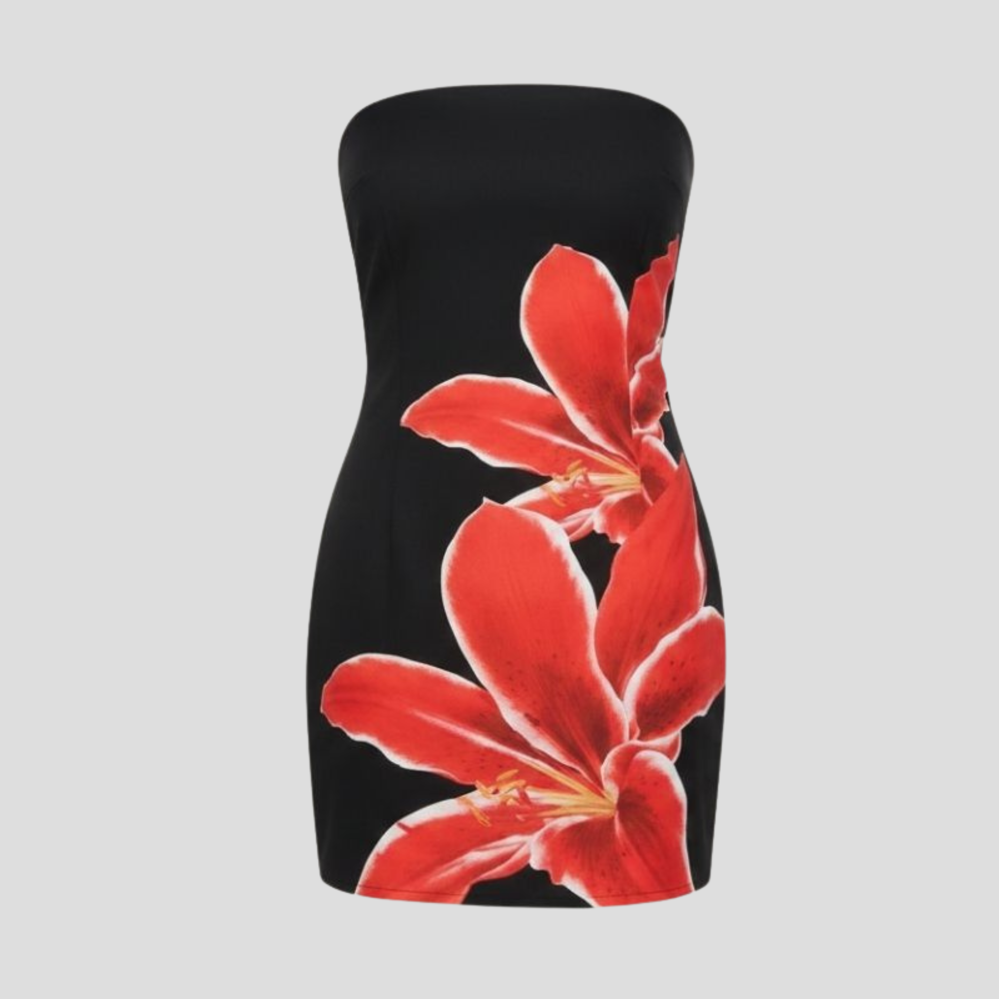 Women's strapless floral mini dress with fitted silhouette in black, blue, and white