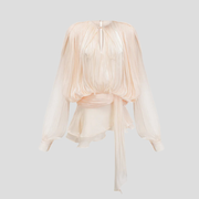 Beige voluminous sleeve blouse with tie-waist detail for occasion wear