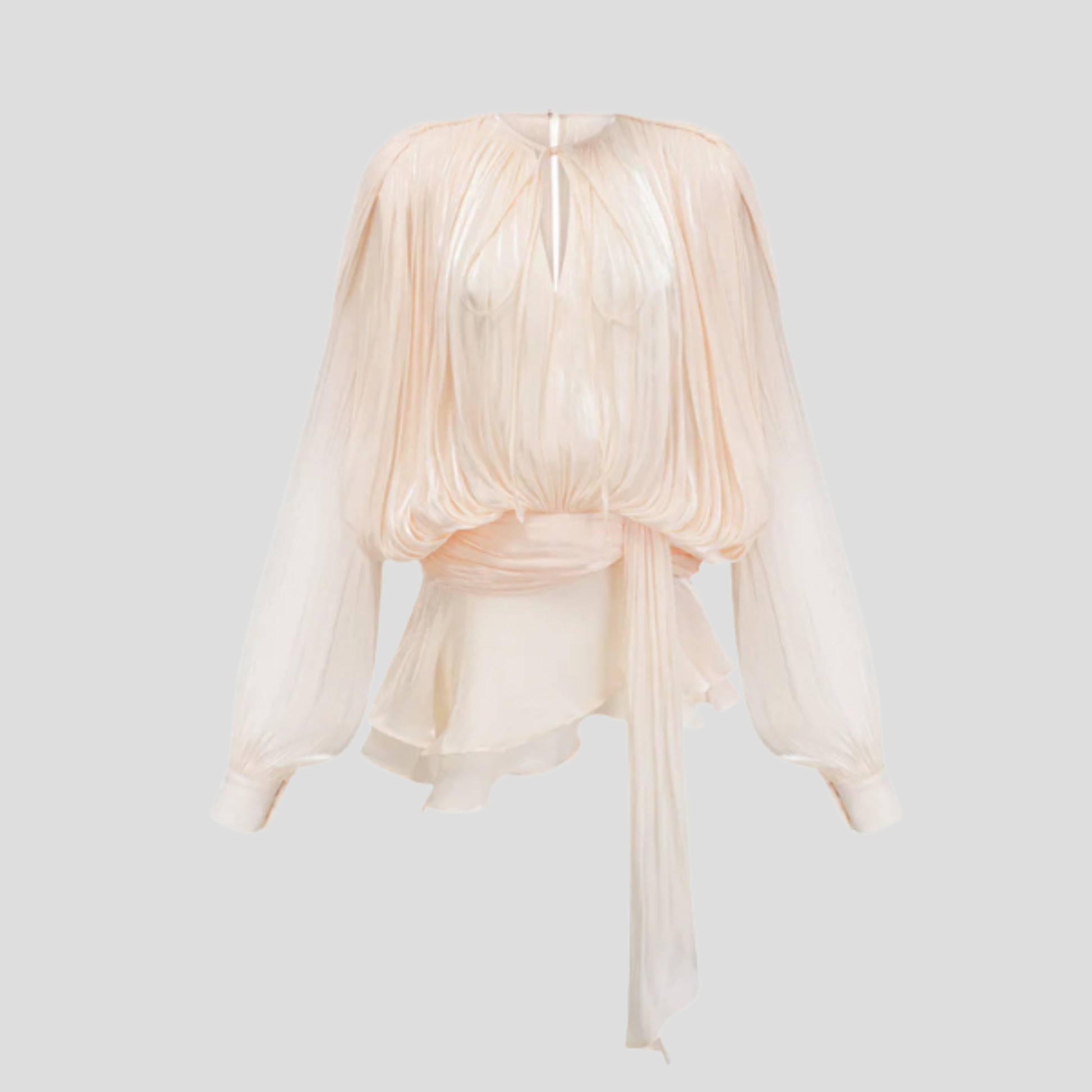 Beige voluminous sleeve blouse with tie-waist detail for occasion wear