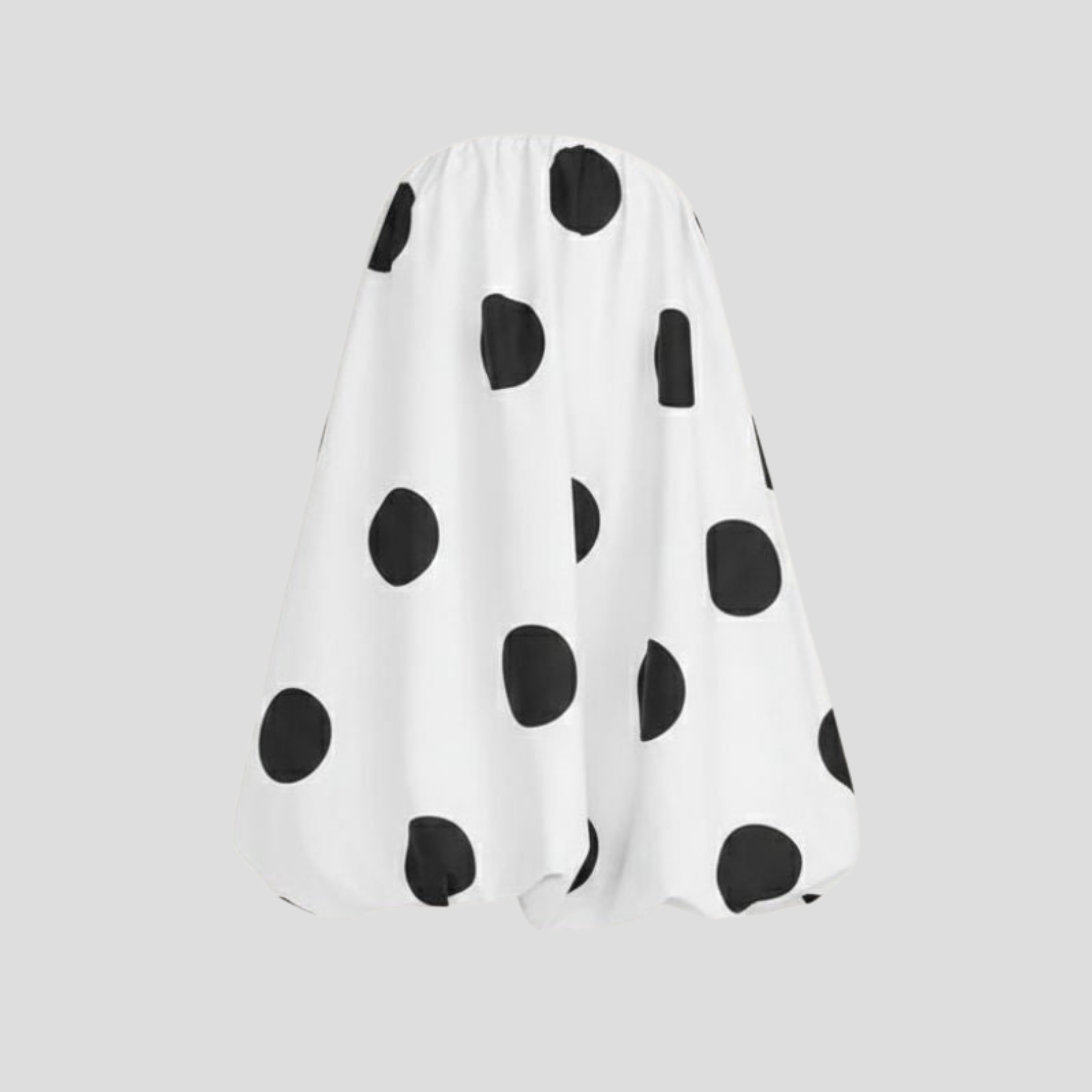 White strapless polka-dot bubble mini dress with gathered volume through the skirt