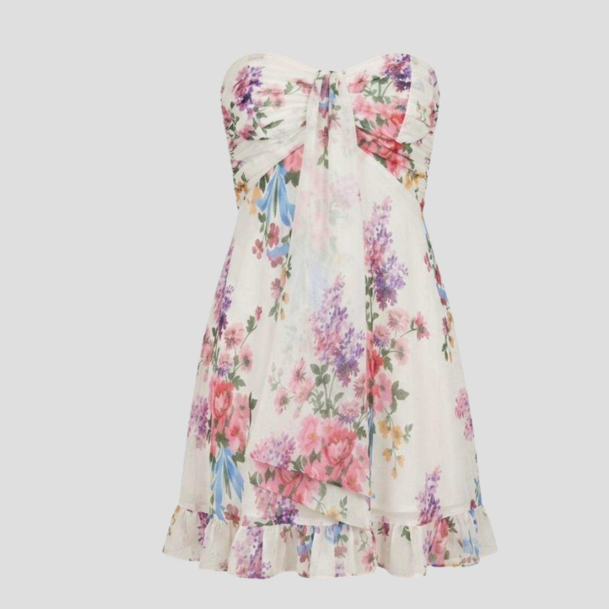 Women's white strapless floral mini dress with a layered ruffle hem