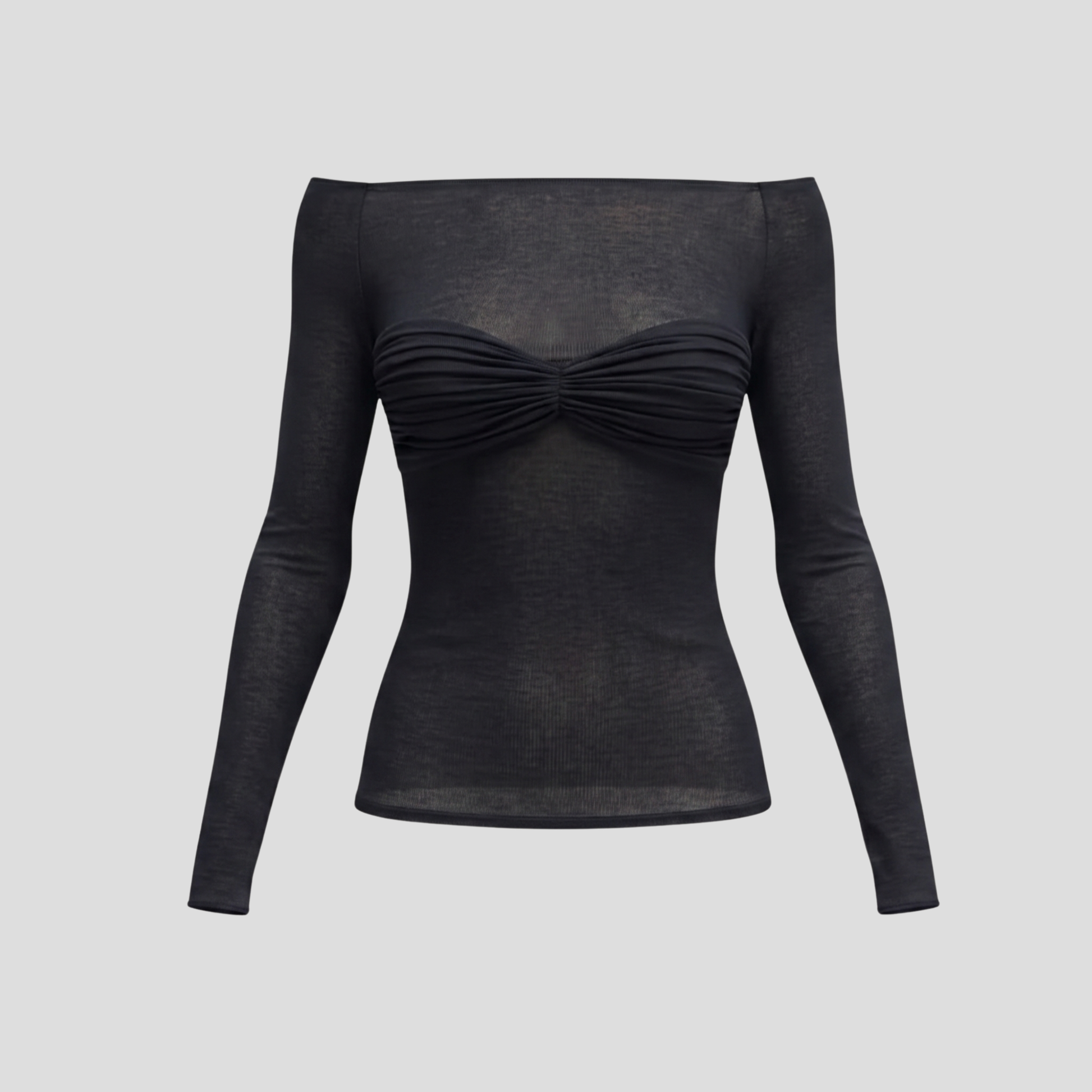 Women's off-shoulder top with ruched front detail in black, grey and white