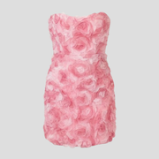 Pink strapless floral texture mini dress with layered rosette details