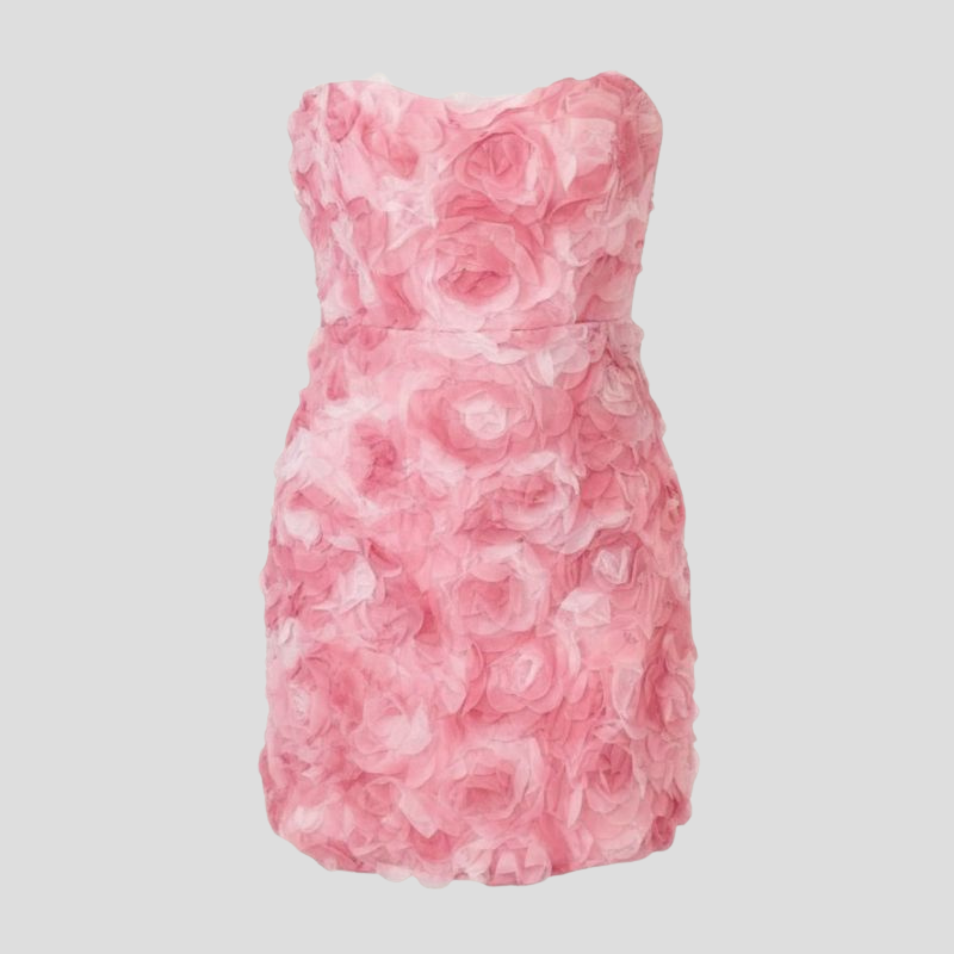 Pink strapless floral texture mini dress with layered rosette details