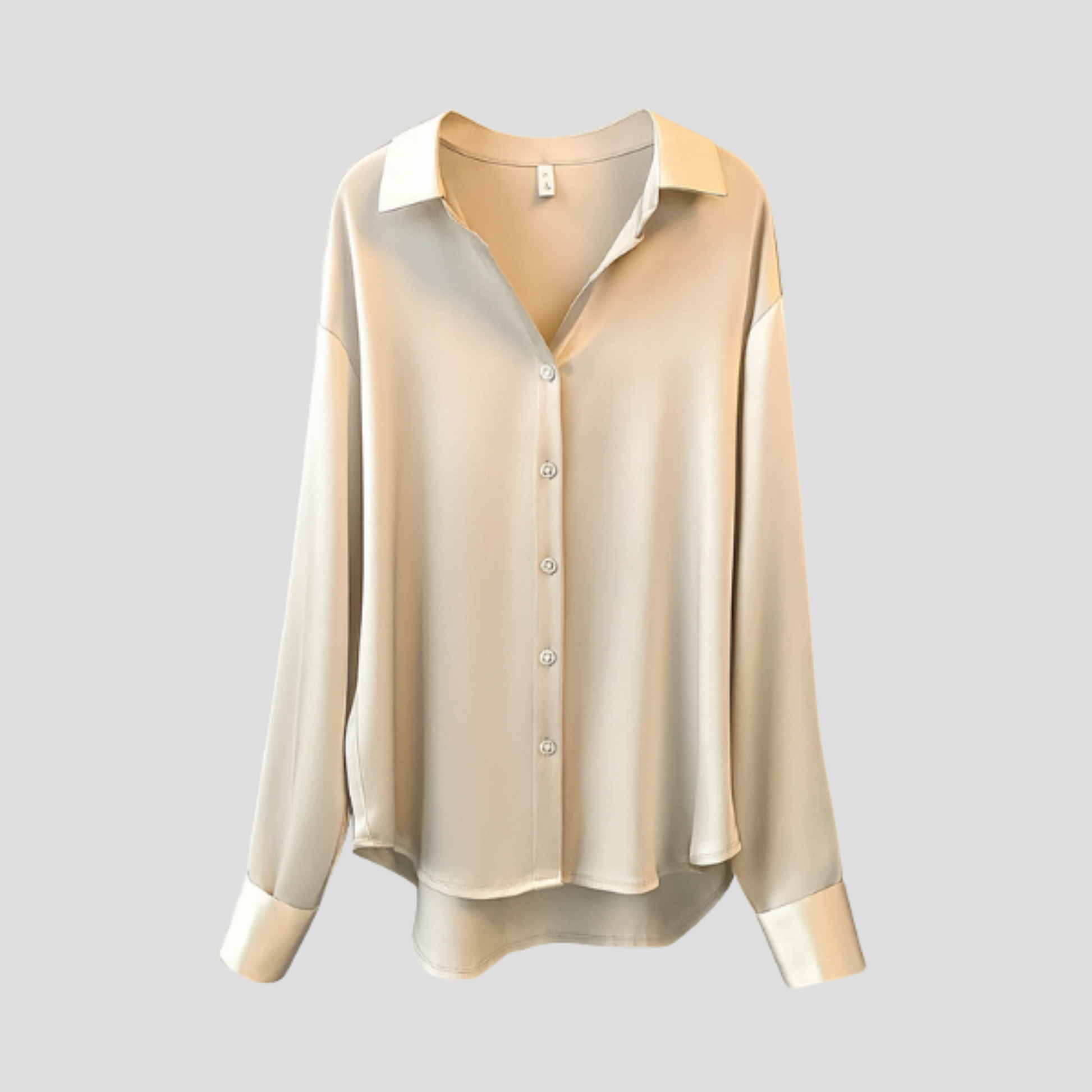 Women's draped relaxed-fit blouse with soft flowing lines, shown in a neutral color