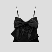 Black crop top with oversized bow front, shimmer finish and slim adjustable straps