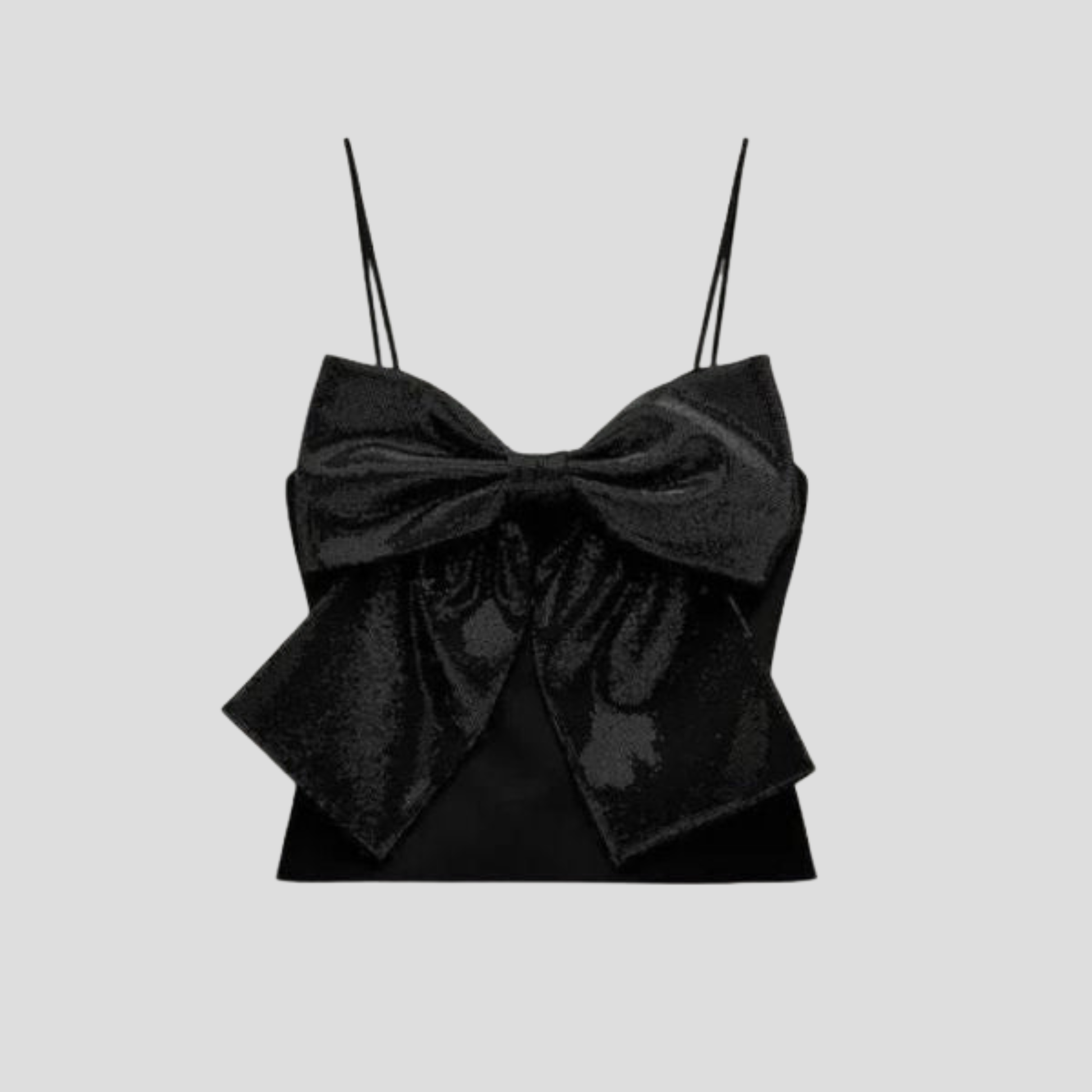Black crop top with oversized bow front, shimmer finish and slim adjustable straps