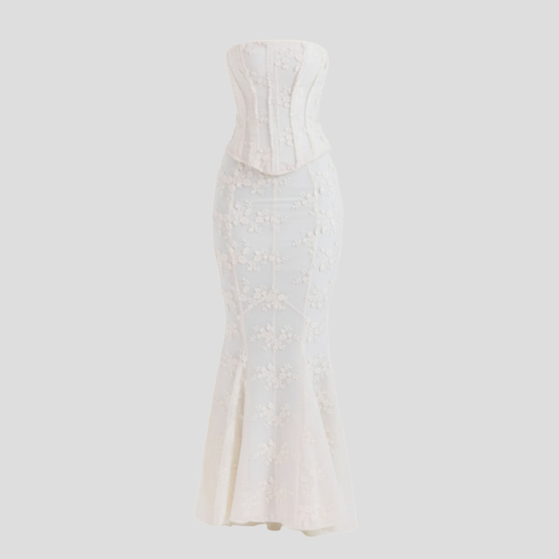 White embroidered strapless maxi dress with corset bodice and mermaid silhouette
