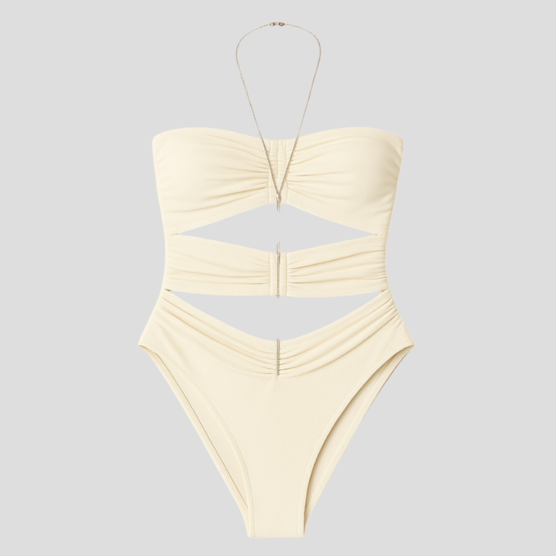 White one-piece swimsuit with cutout detailing and contoured silhouette