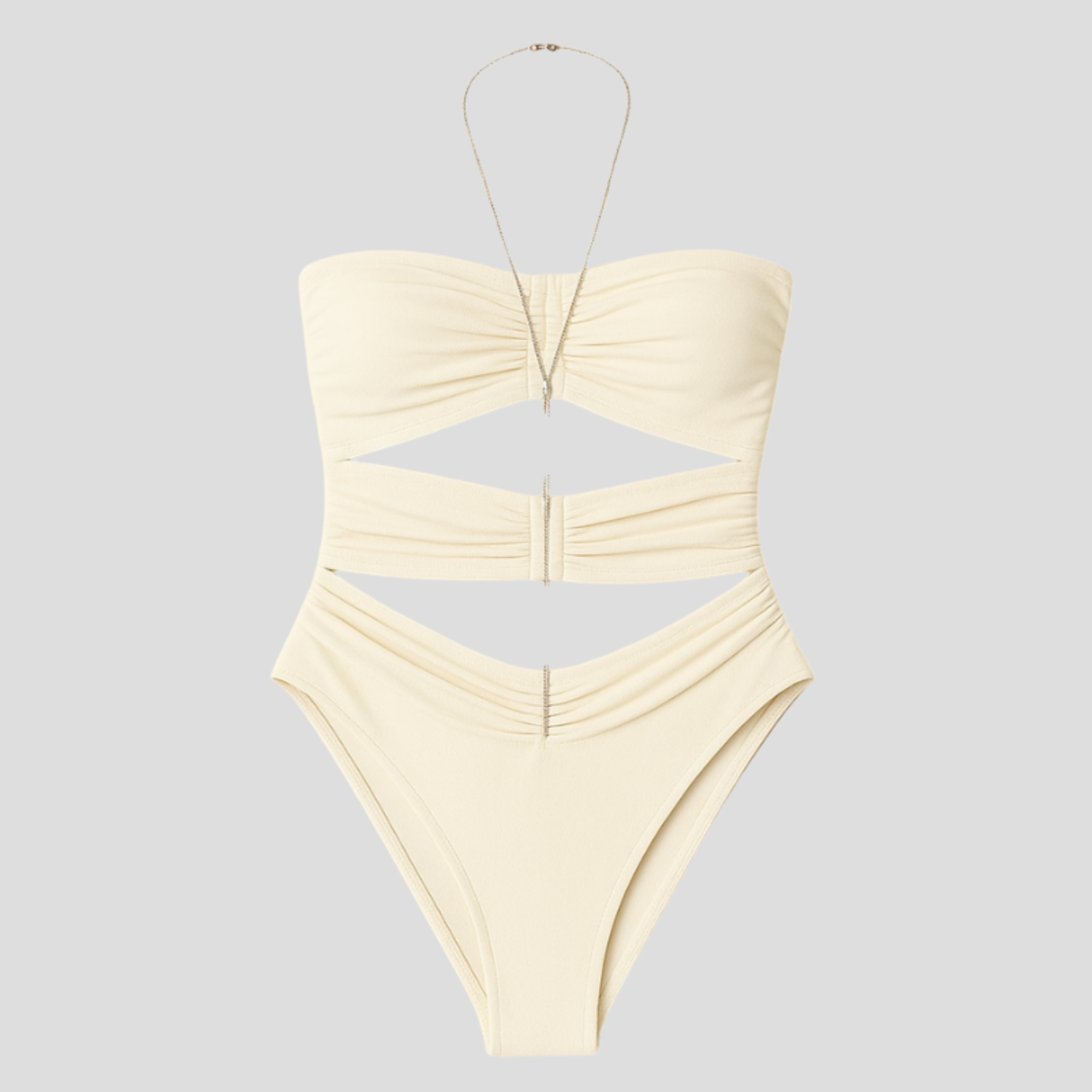 White one-piece swimsuit with cutout detailing and contoured silhouette