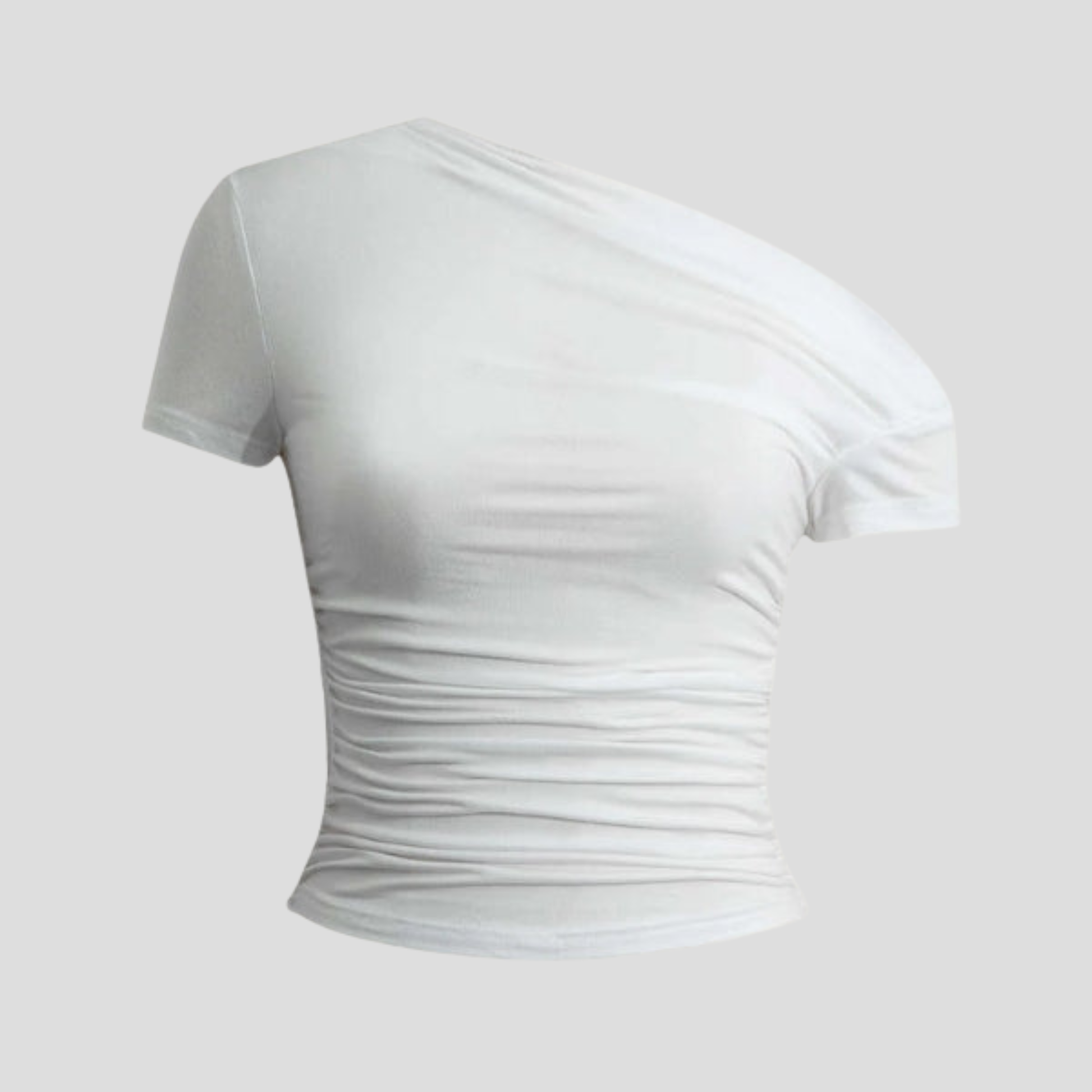 Women's asymmetric one-shoulder ruched top shown in black