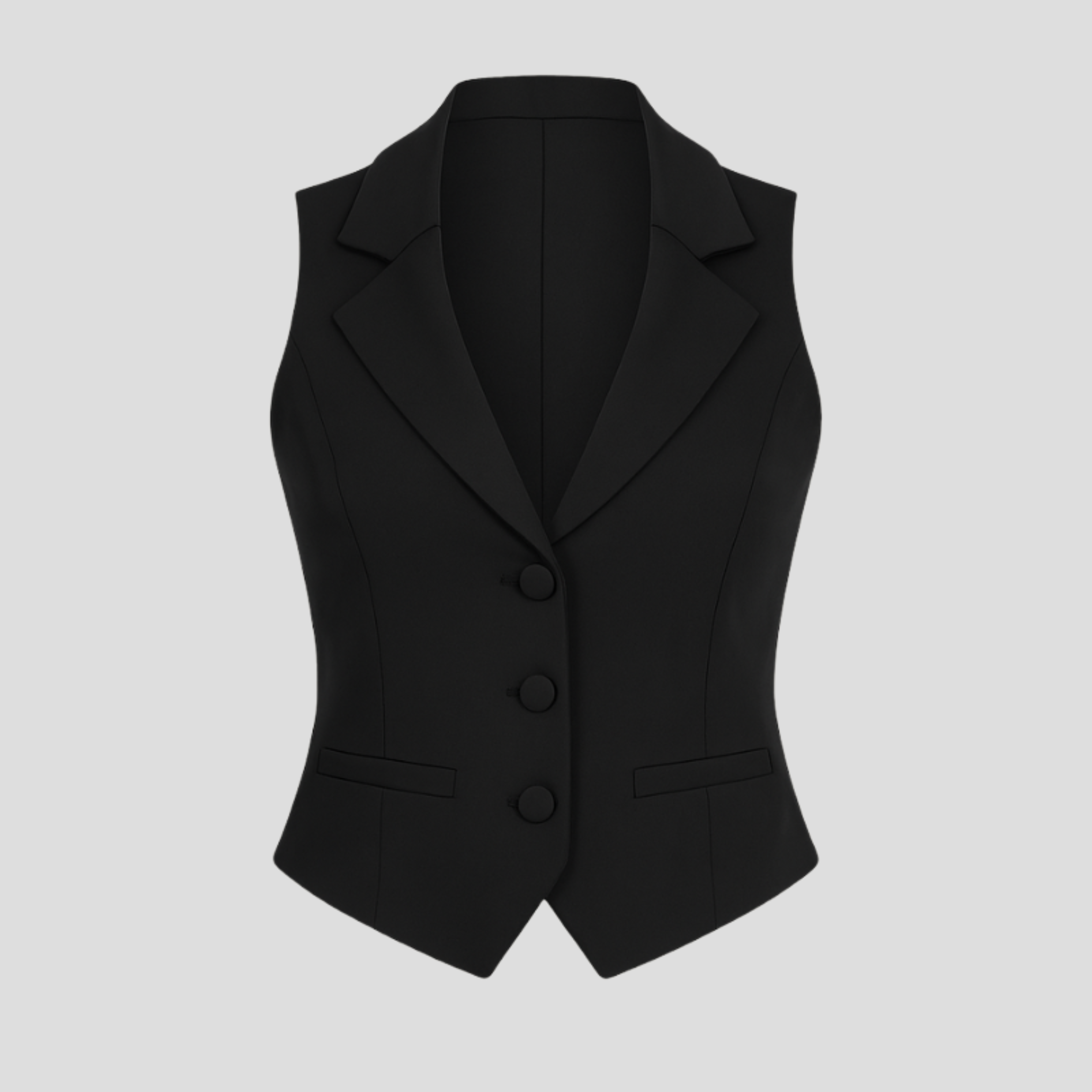 Women's black tailored vest with lapel neckline and contoured seams