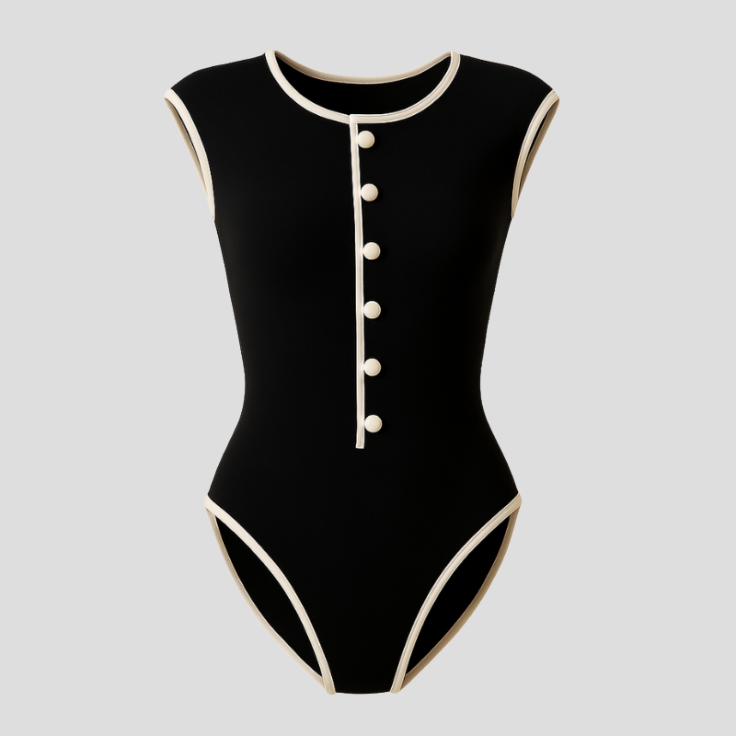 Black one-piece women's swimsuit with button-front detail and contoured silhouette