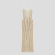 White backless maxi dress with open pattern and elongated floor-length silhouette