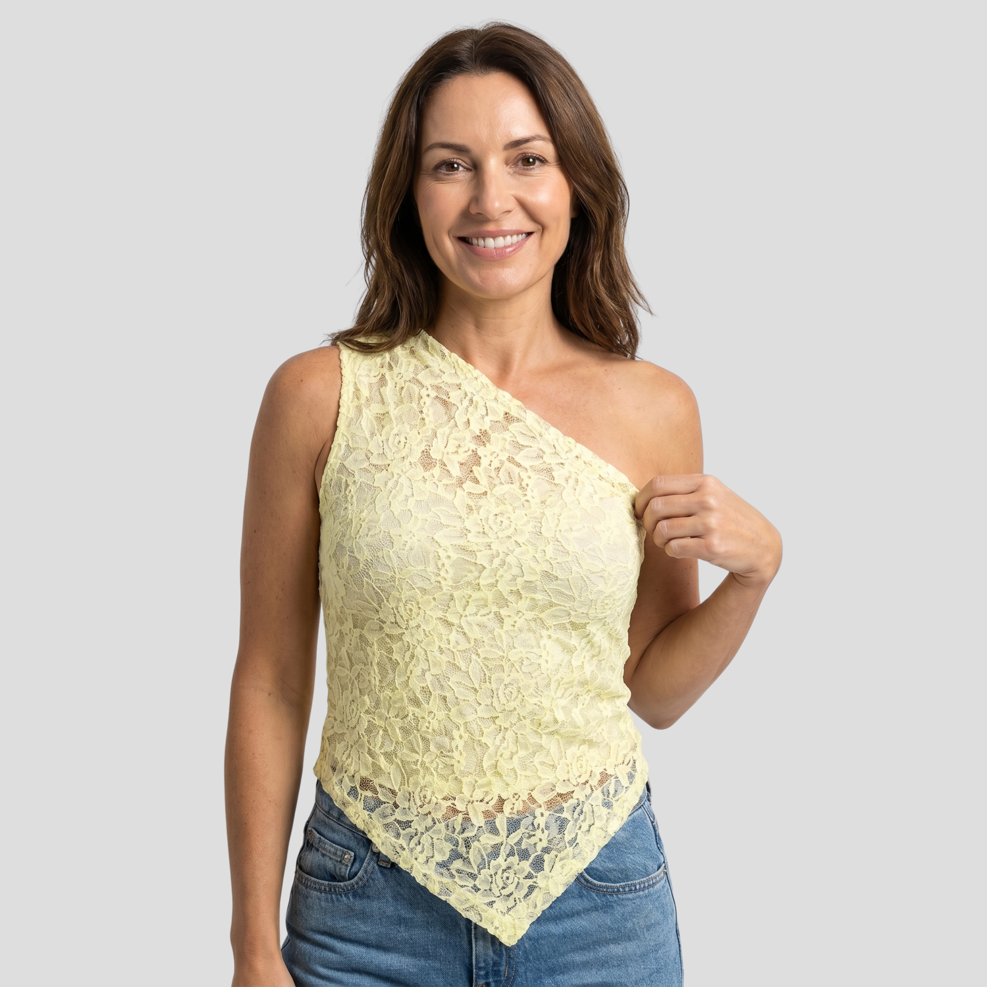 Women's one-shoulder floral lace occasion top shown in multiple colors