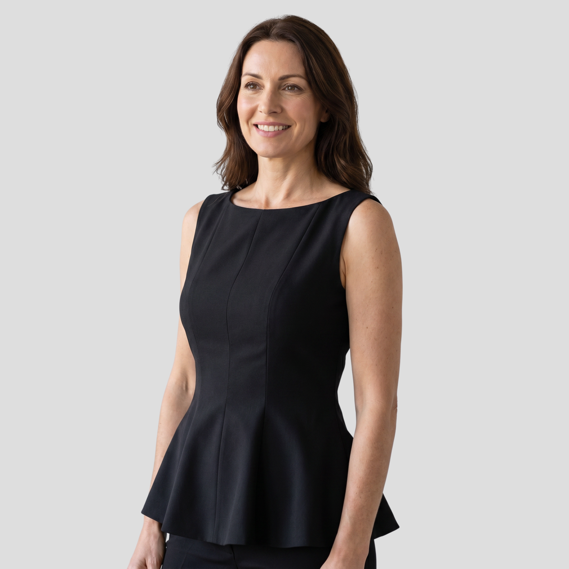 Black high-neckline peplum top with fitted bodice and defined waistline for occasion wear