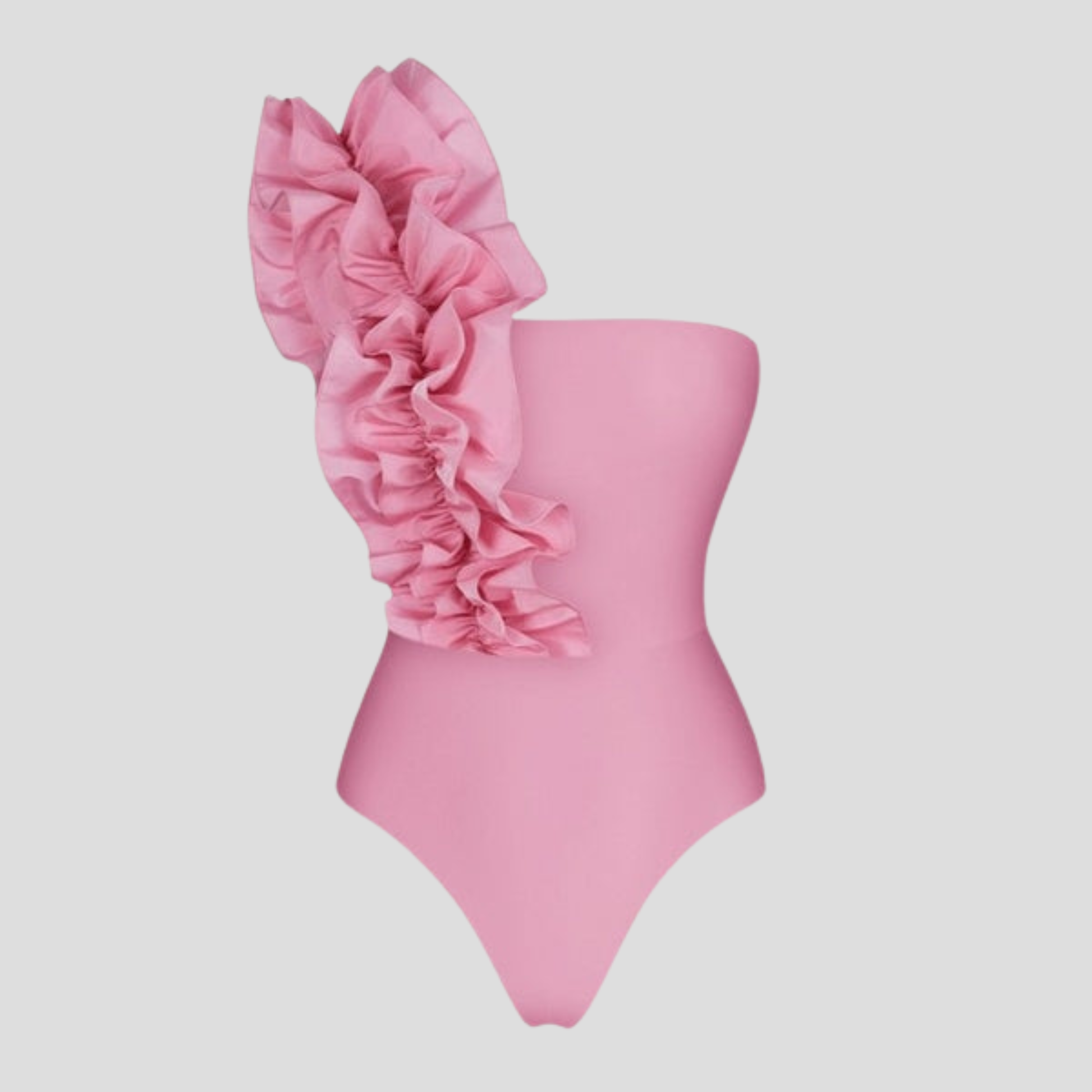 Pink one-piece swimsuit with asymmetrical neckline and ruffle-detail strap