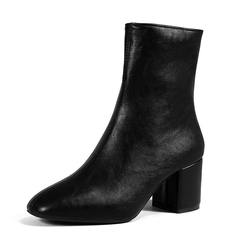 Women's faux leather block heel ankle boots with side zipper in white, black and beige