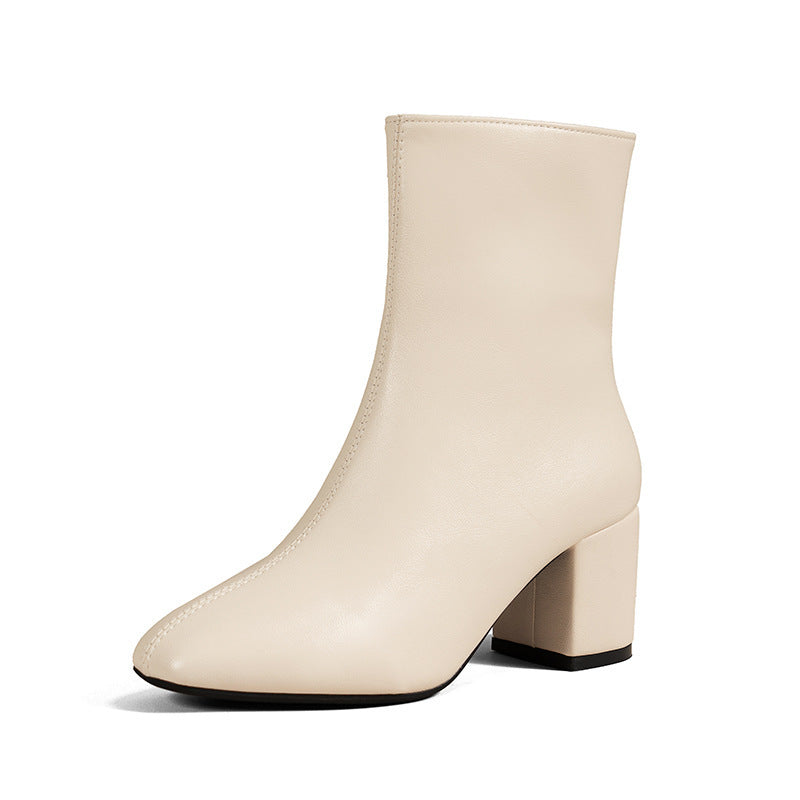 Women's faux leather block heel ankle boots with side zipper in white, black and beige