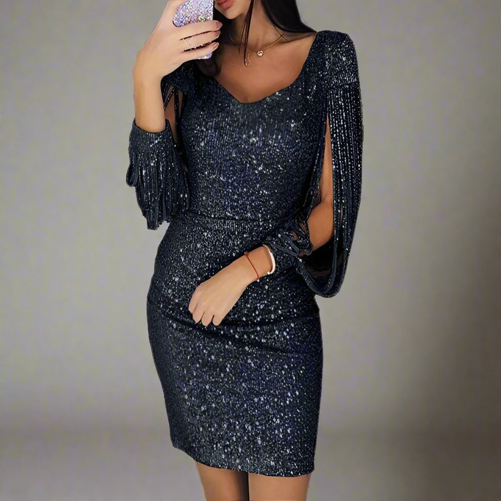 Women's sequin party dress with V-neck and short sleeves in a shimmering finish