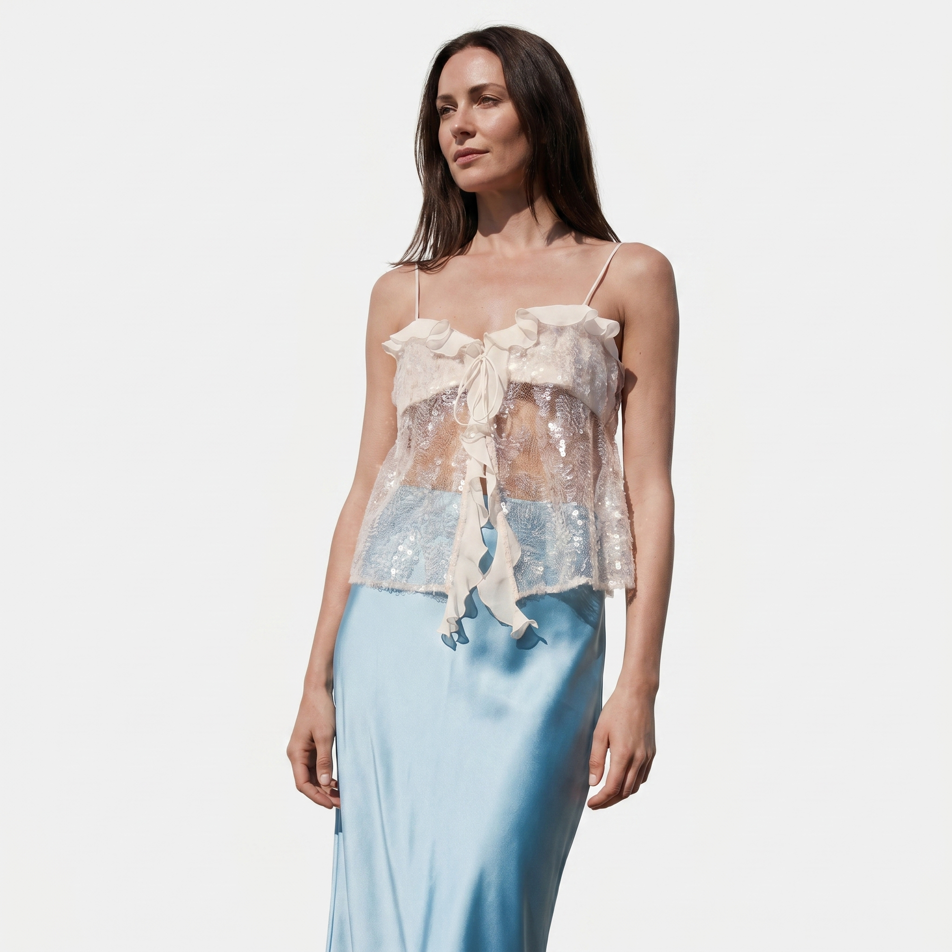 Pink tie-front sequin camisole top for occasion wear