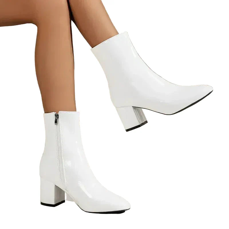 Women's faux leather block heel ankle boots with side zipper in white, black and beige