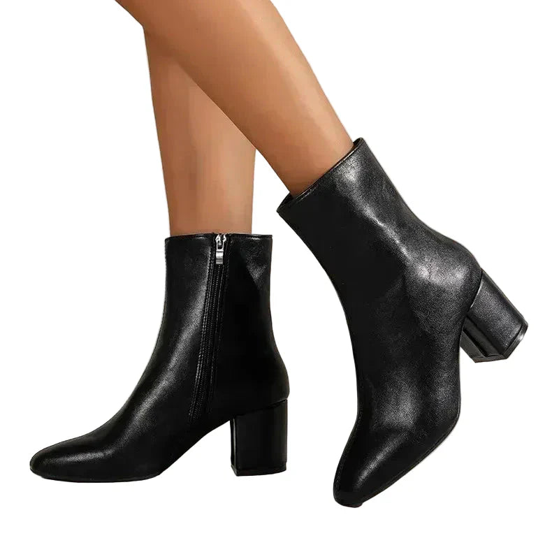 Women's faux leather block heel ankle boots with side zipper in white, black and beige